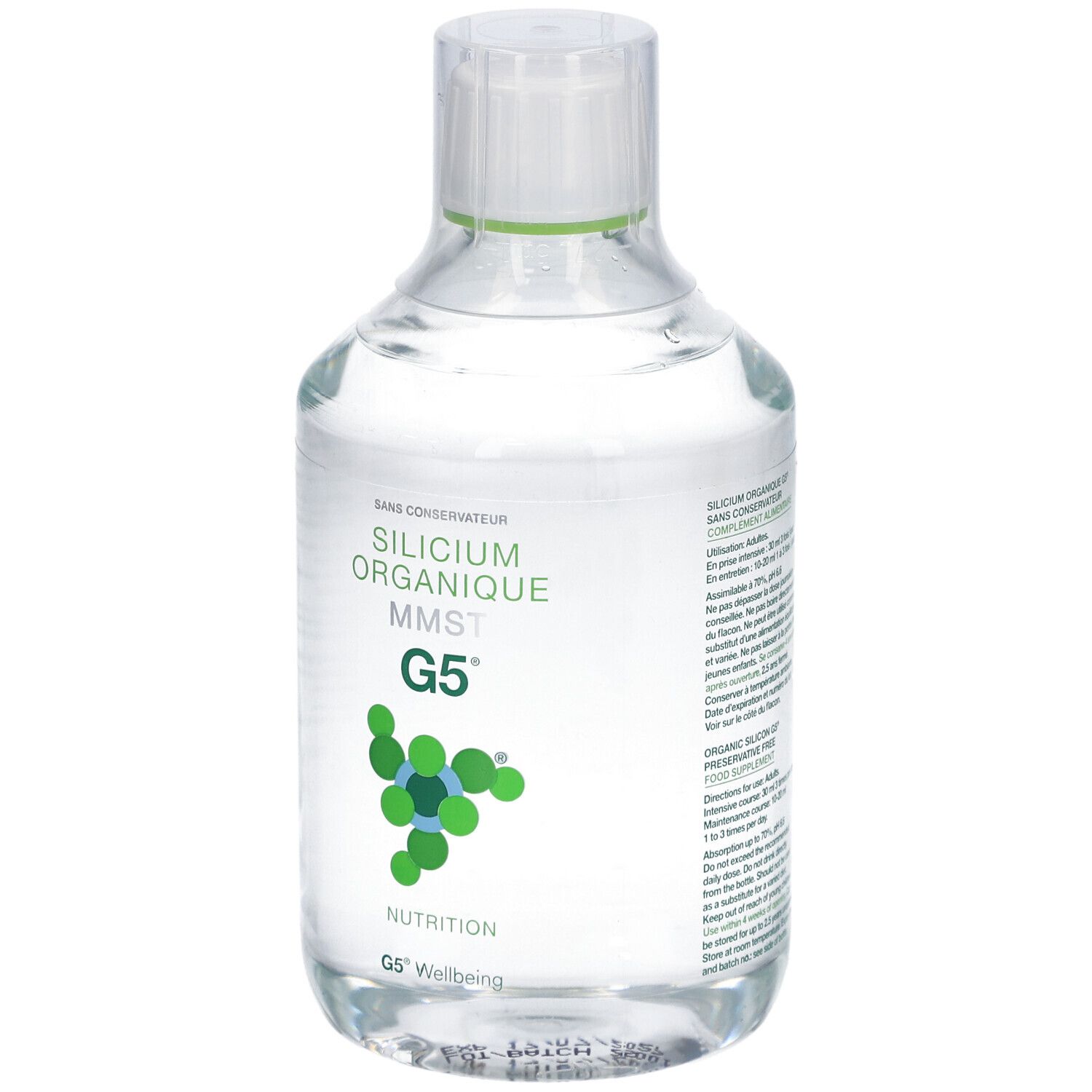 Flacon transparent avec étiquette verte. Inscription: Silicium Organique MMST G5. Nutrition. G5 Wellbeing. Sans conservateur.