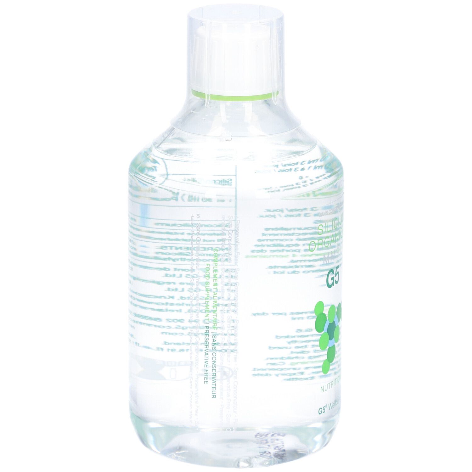 Dos du flacon. Inscription: Silicium Organique MMST G5. Nutrition. G5 Wellbeing. Informations produit.
