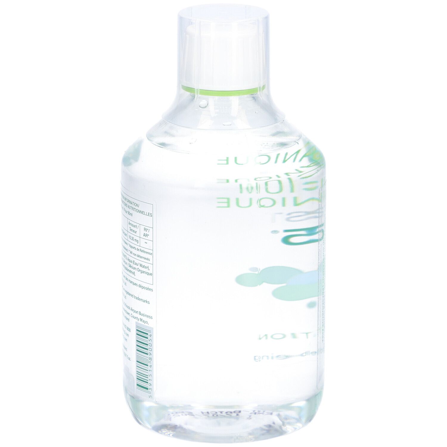 Dos du flacon. Inscription: Silicium Organique MMST G5. Nutrition. G5 Wellbeing. Informations produit.