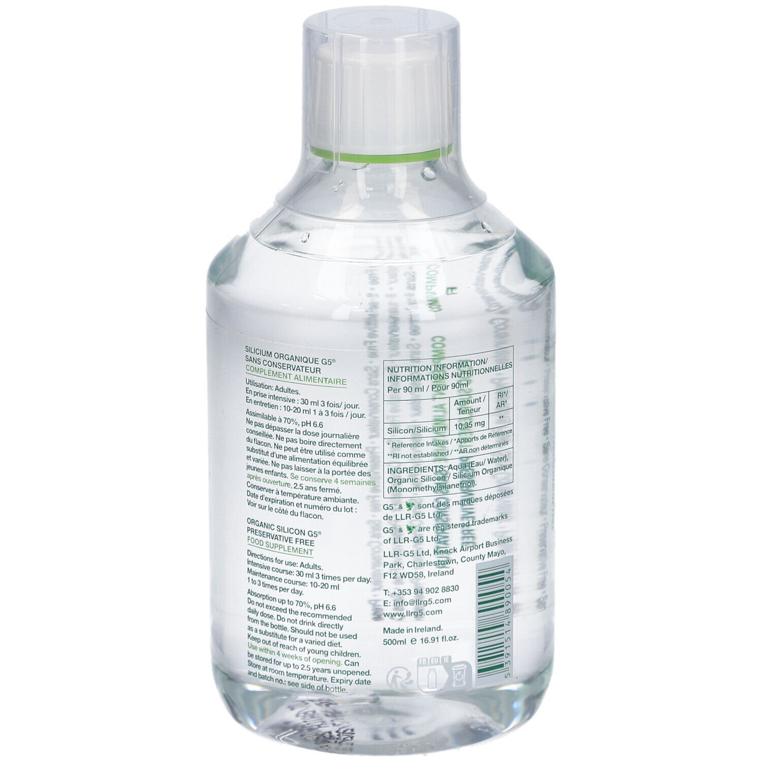 Dos du flacon. Inscription: Silicium Organique MMST G5. Nutrition. G5 Wellbeing. Informations produit.