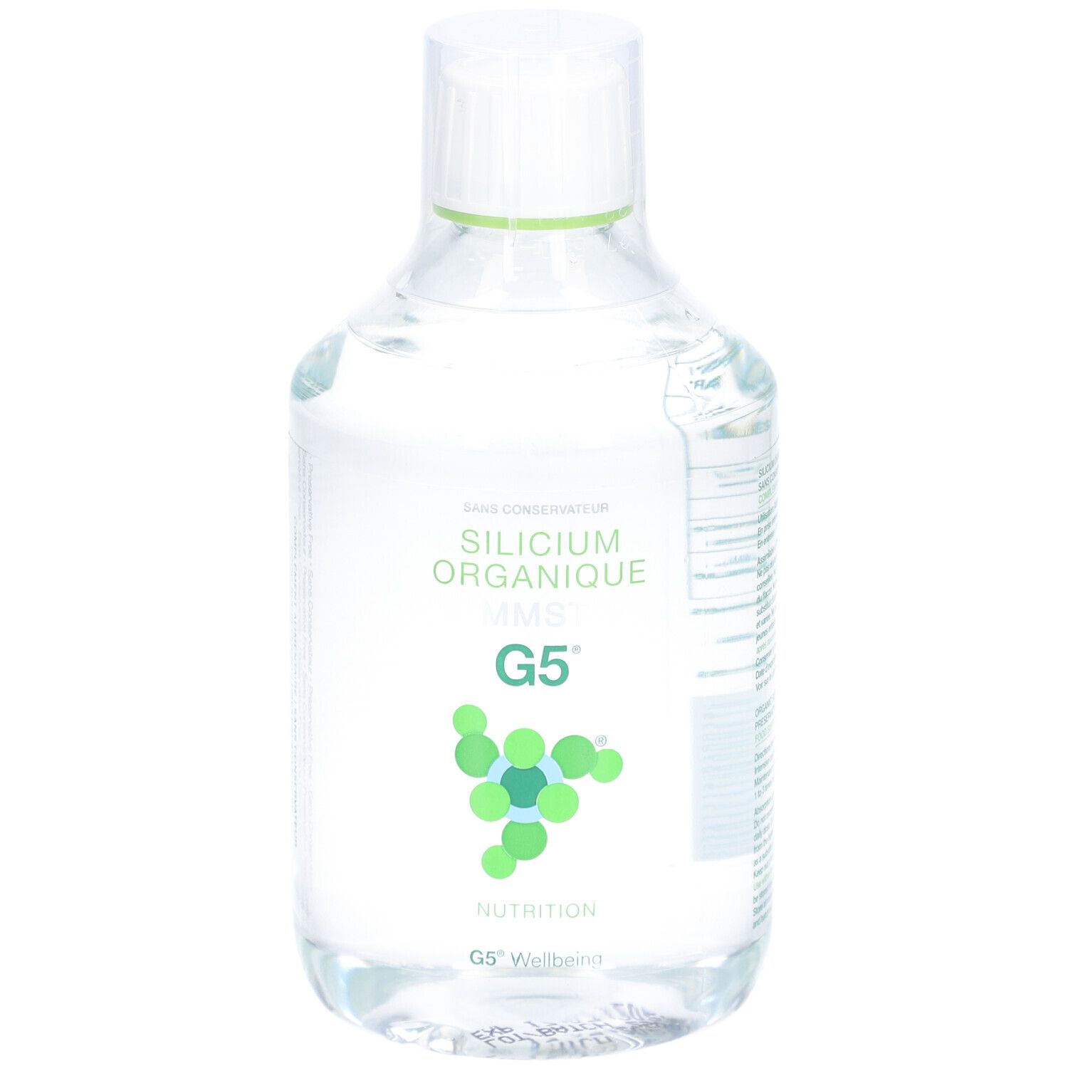 Flacon transparent avec étiquette verte. Inscription: Silicium Organique MMST G5. Nutrition. G5 Wellbeing. Sans conservateur.