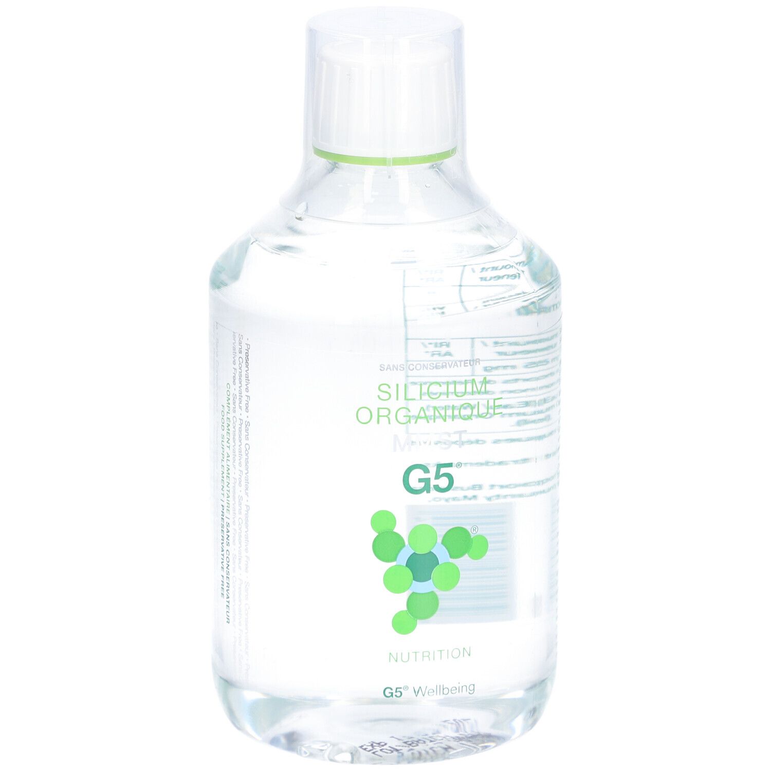 Flacon transparent avec étiquette verte. Inscription: Silicium Organique MMST G5. Nutrition. G5 Wellbeing. Sans conservateur.