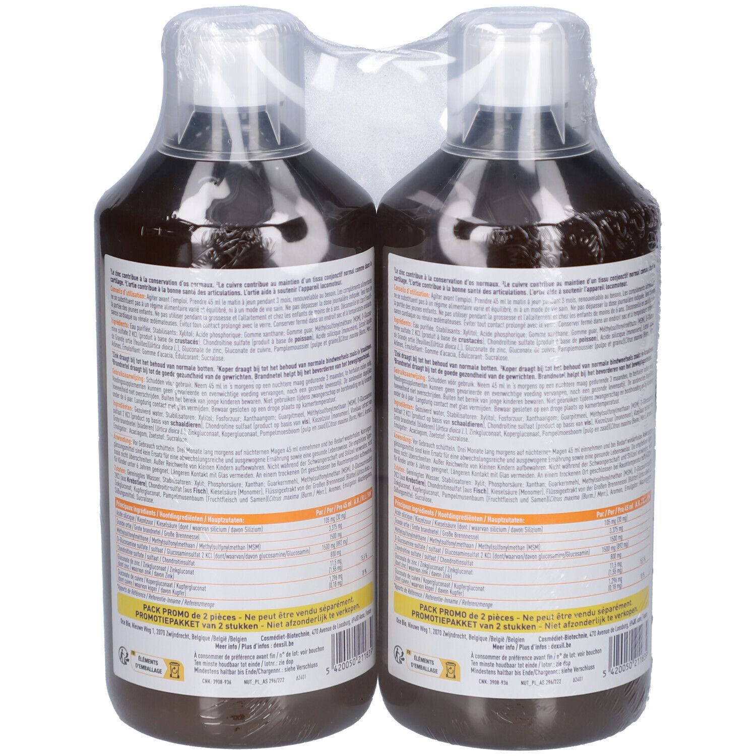 Duo Pack Dexsil Forte. Dos des flacons. Étiquettes avec texte et informations nutritionnelles. Deux flacons emballés.