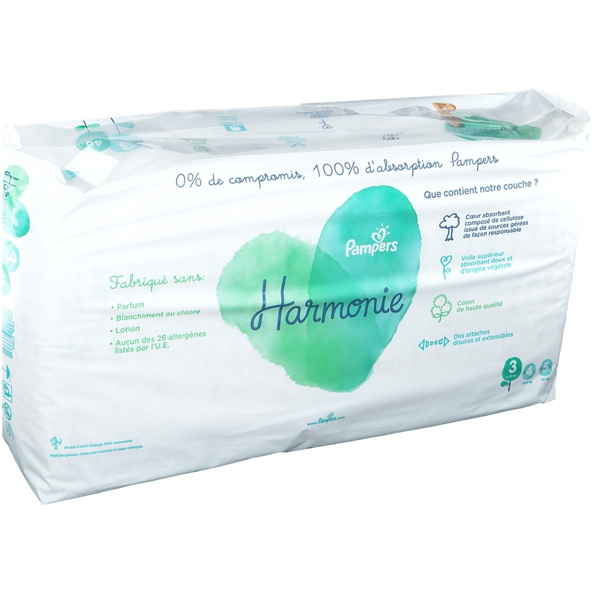 Paquet de couches Pampers Harmonie Taille 3 (6-12 kg). Logo, informations produit et composition.