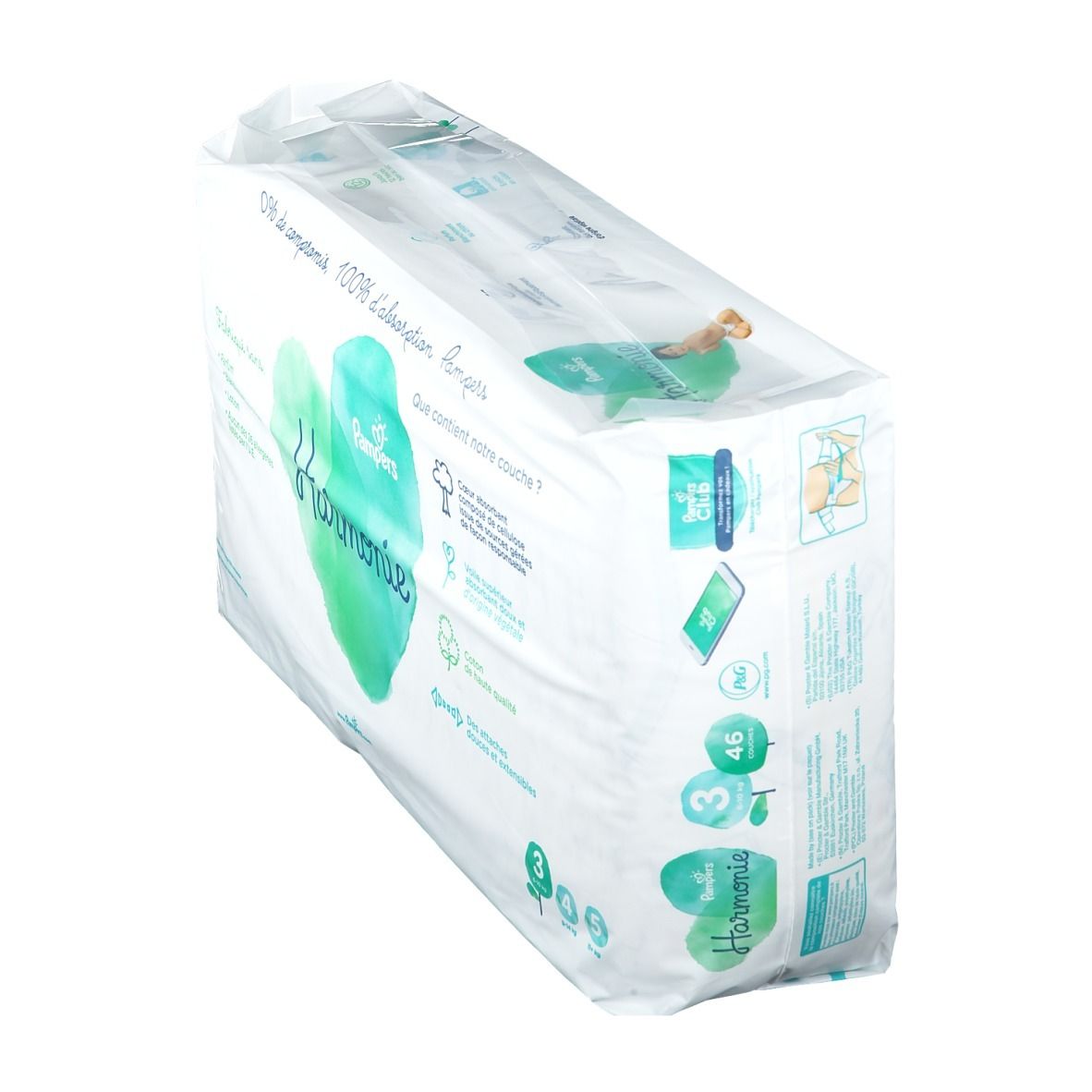 Paquet de couches Pampers Harmonie Taille 3 (6-12 kg). Vue en biais avec logo et informations produit.