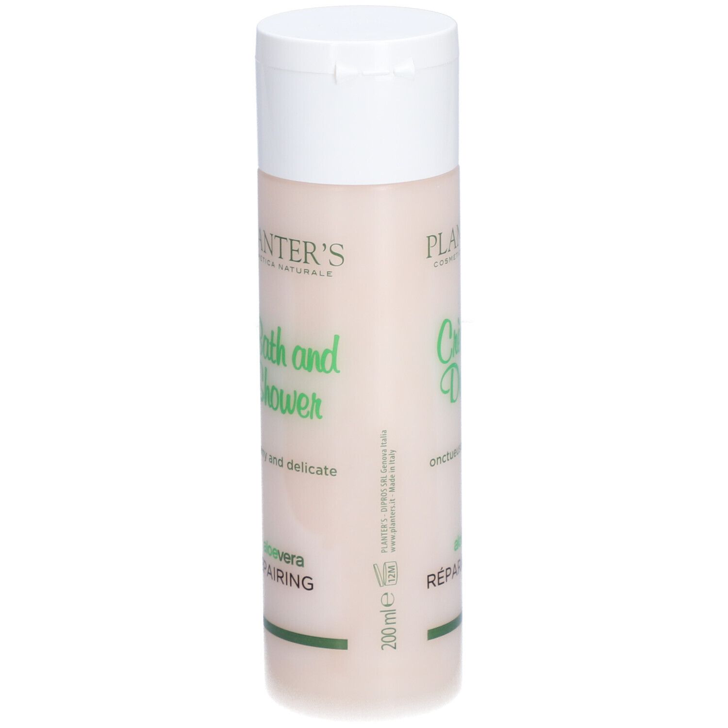 Flacon cylindrique à bouchon blanc. Inscription : Planter's Bath and Shower Aloe Vera Repairing.