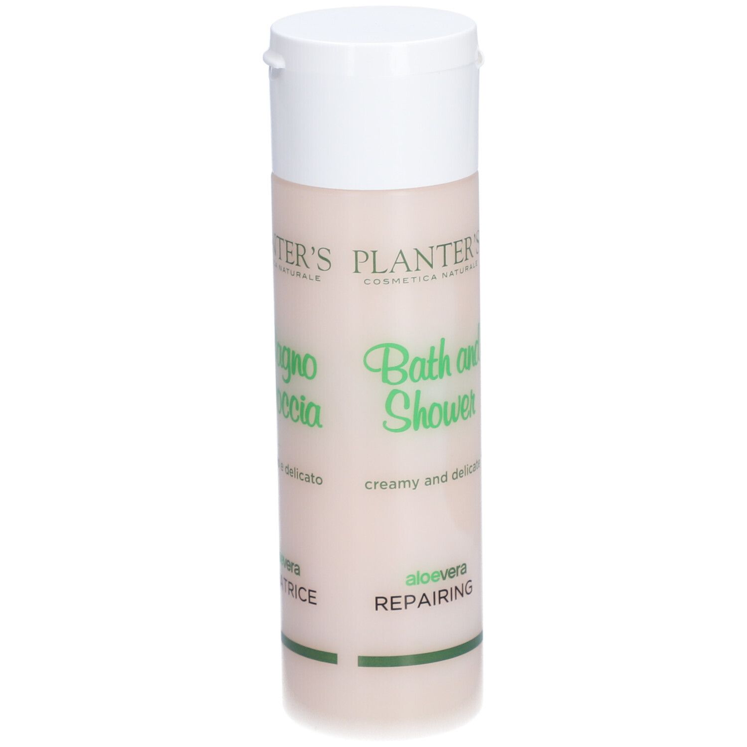 Flacon cylindrique à bouchon blanc. Inscription : Planter's Bagno Doccia Aloe Vera Riparatrice.