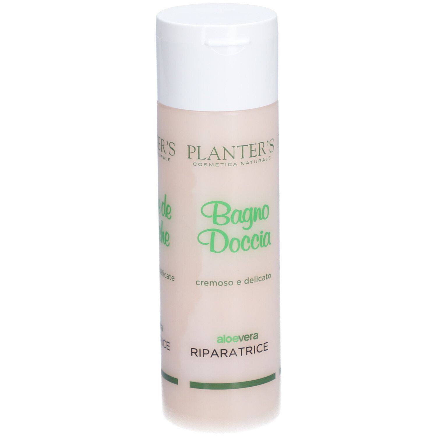 Flacon cylindrique à bouchon blanc. Inscription : Planter's Bagno Doccia Aloe Vera Riparatrice.