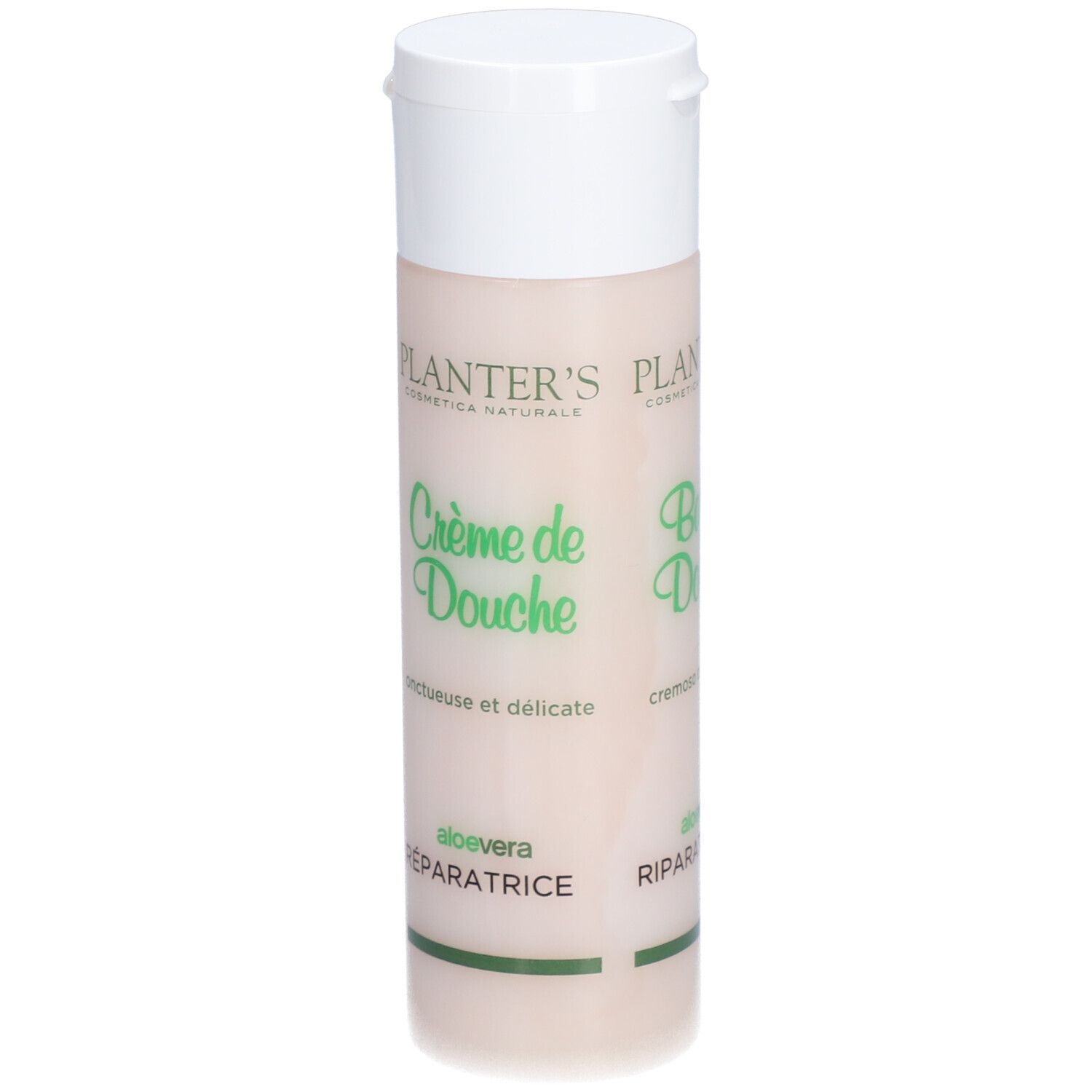 Flacon cylindrique à bouchon blanc. Inscription : Planter's Crème de Douche Aloe Vera Réparatrice.