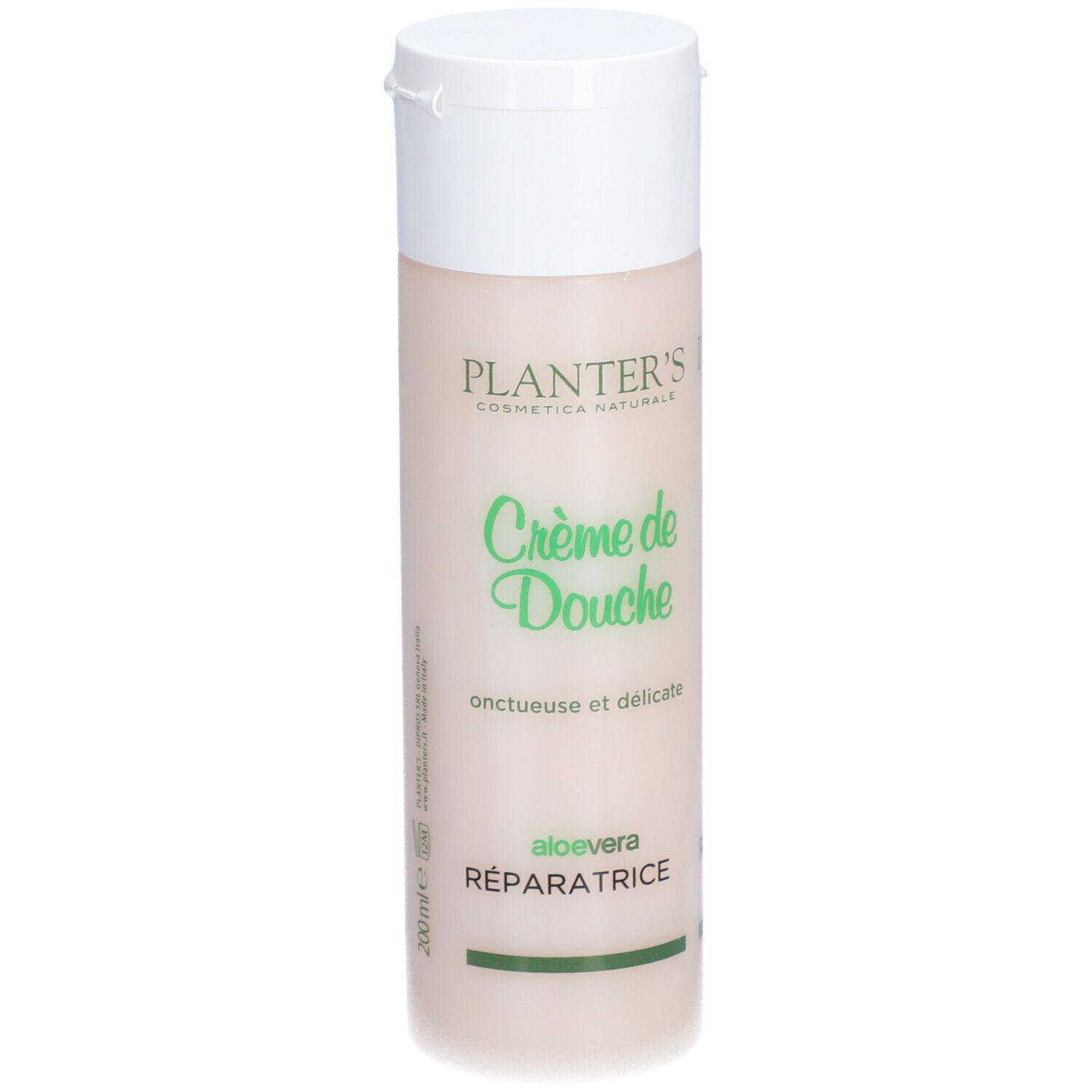 Flacon cylindrique à bouchon blanc. Inscription : Planter's Crème de Douche Aloe Vera Réparatrice.