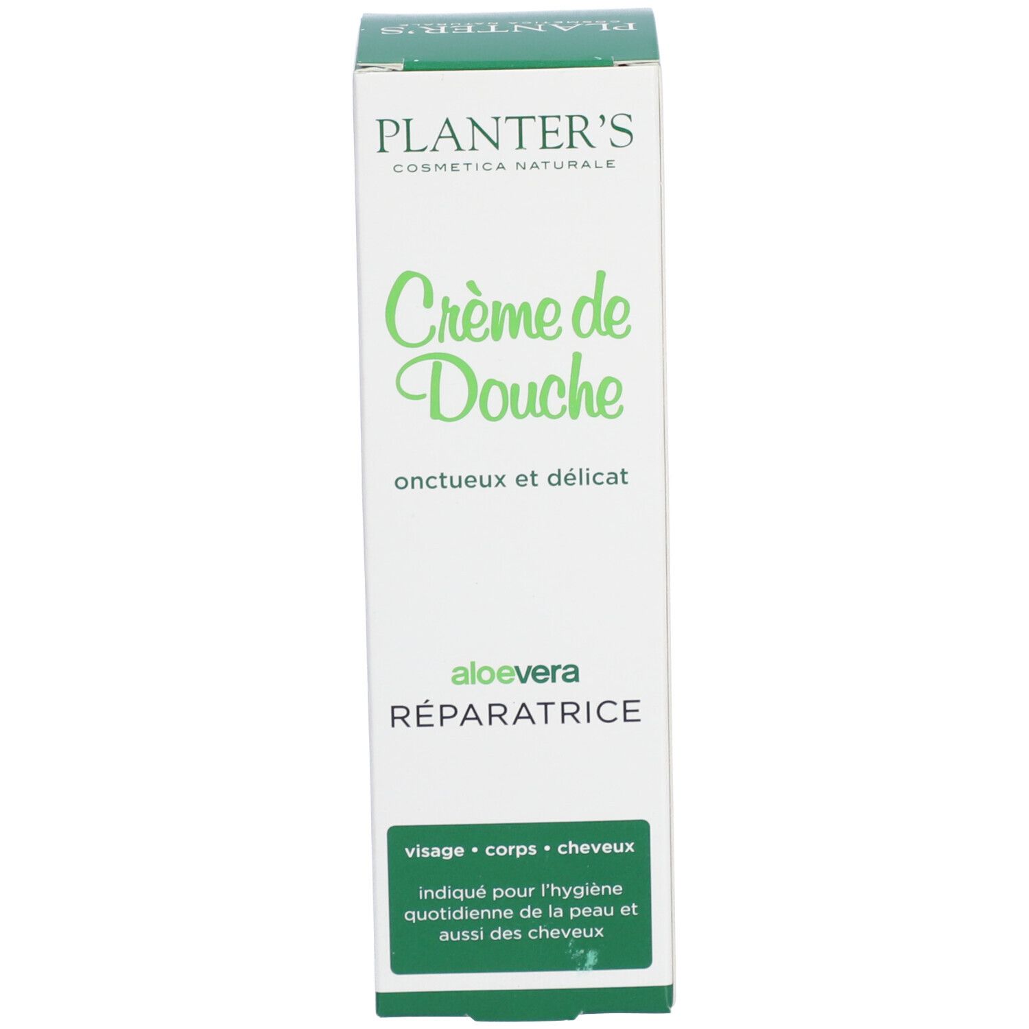 Emballage carton avec inscription : Planter's Crème de Douche Aloe Vera Réparatrice. Texte pour visage, corps, cheveux.