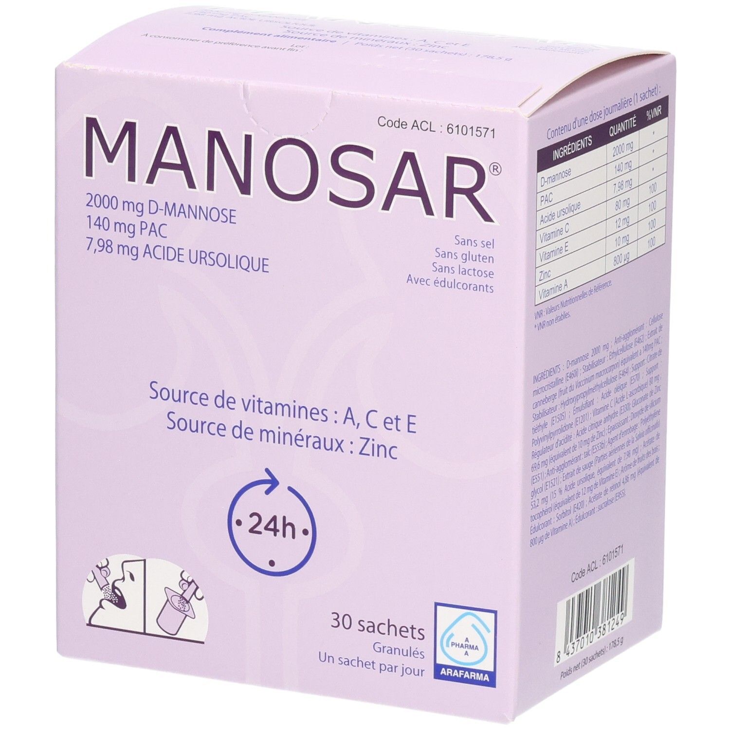 Boîte Arafarma Manosar de 30 sachets, contient D-Mannose, PAC et acide ursolique.