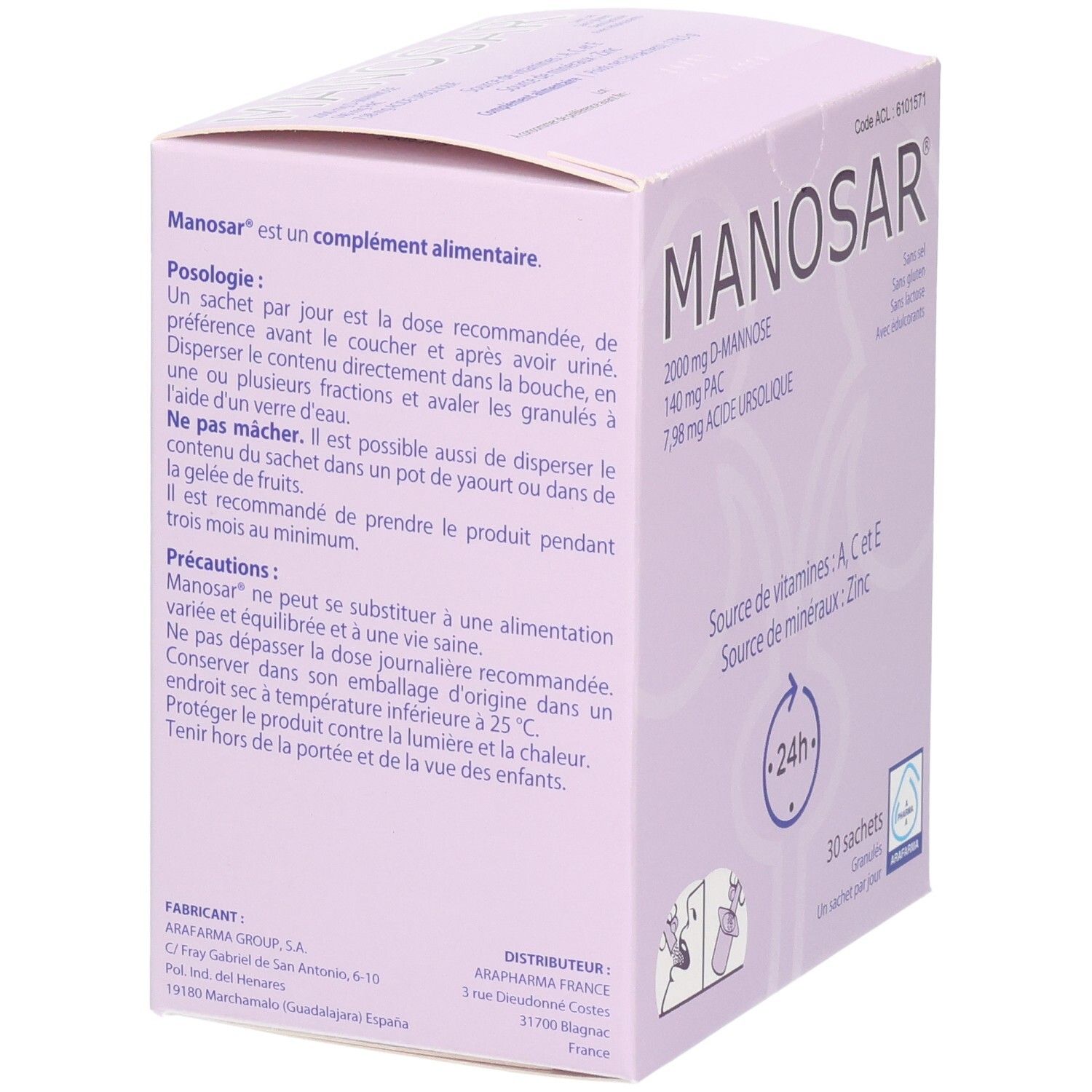 Arrière de la boîte Arafarma Manosar avec instructions de dosage et d'utilisation.
