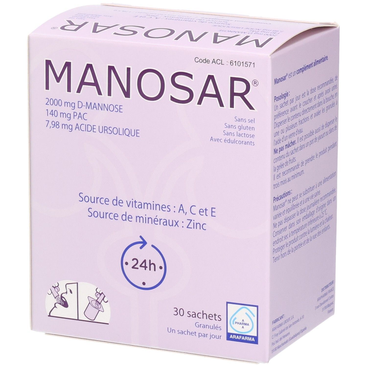 Boîte Arafarma Manosar de 30 sachets, contient D-Mannose, PAC et acide ursolique.