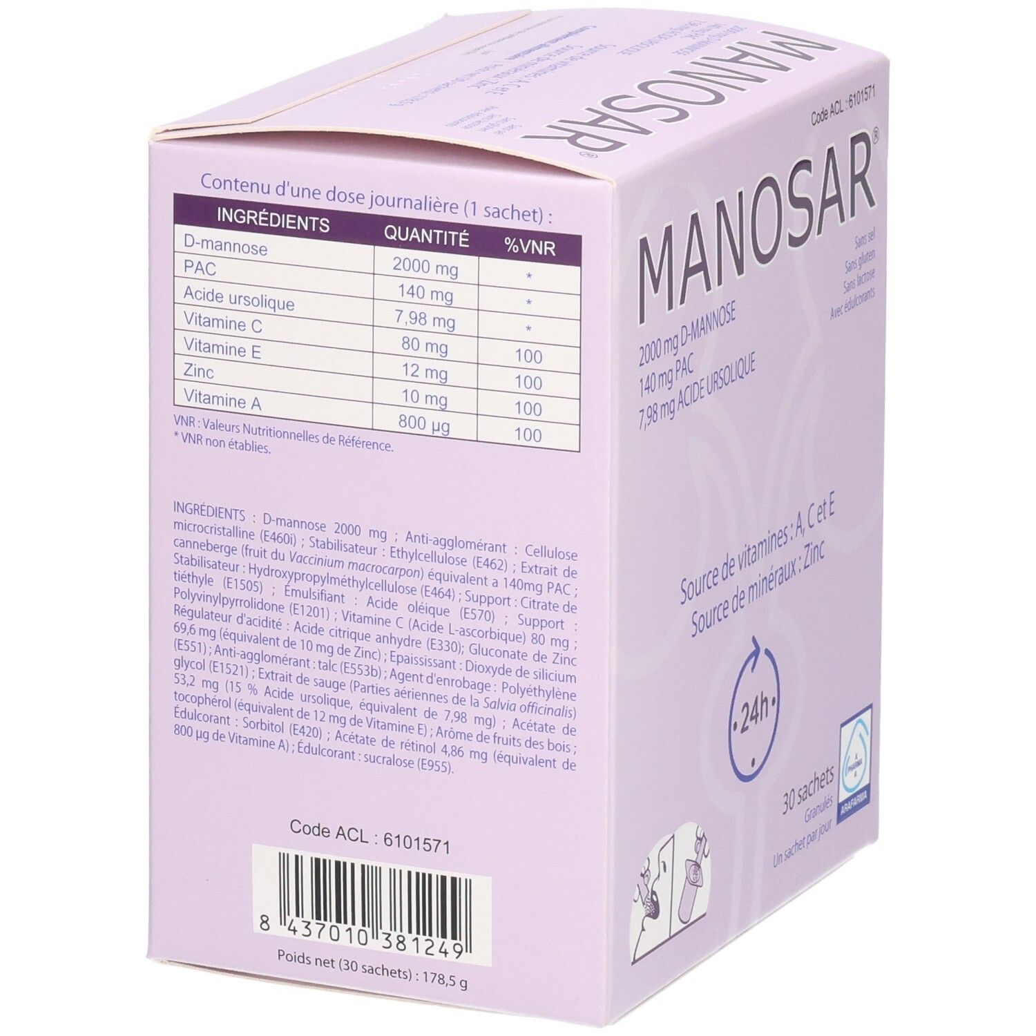 Vue latérale de la boîte Arafarma Manosar avec liste des ingrédients et valeurs nutritionnelles.