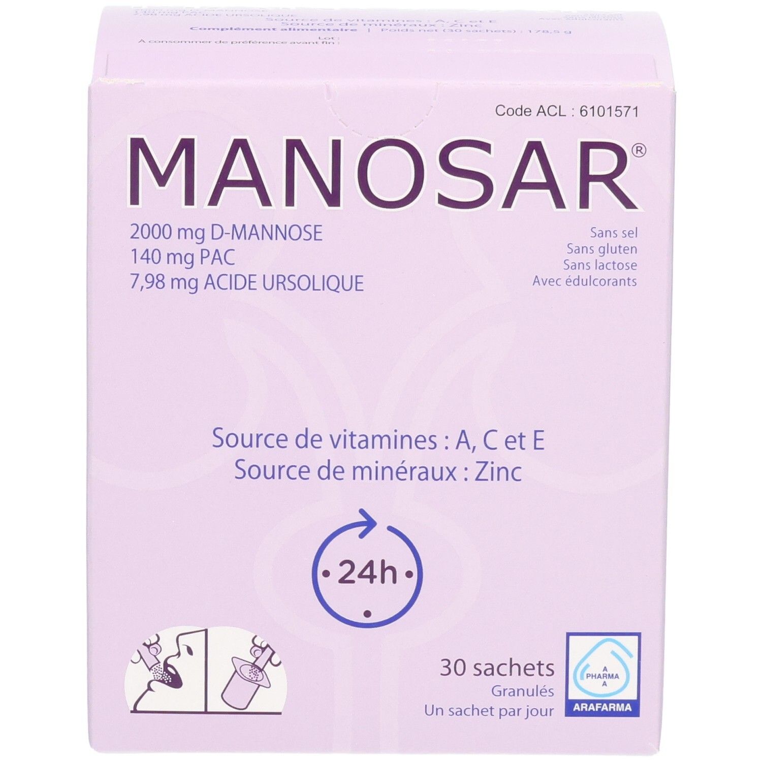 Boîte Arafarma Manosar de 30 sachets, contient D-Mannose, PAC et acide ursolique.