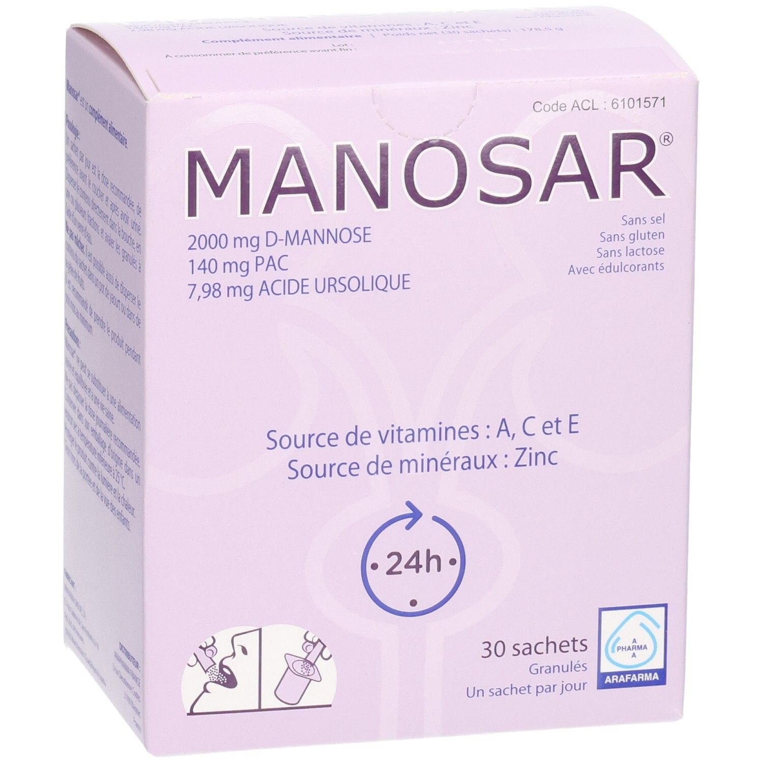 Boîte Arafarma Manosar de 30 sachets, contient D-Mannose, PAC et acide ursolique.