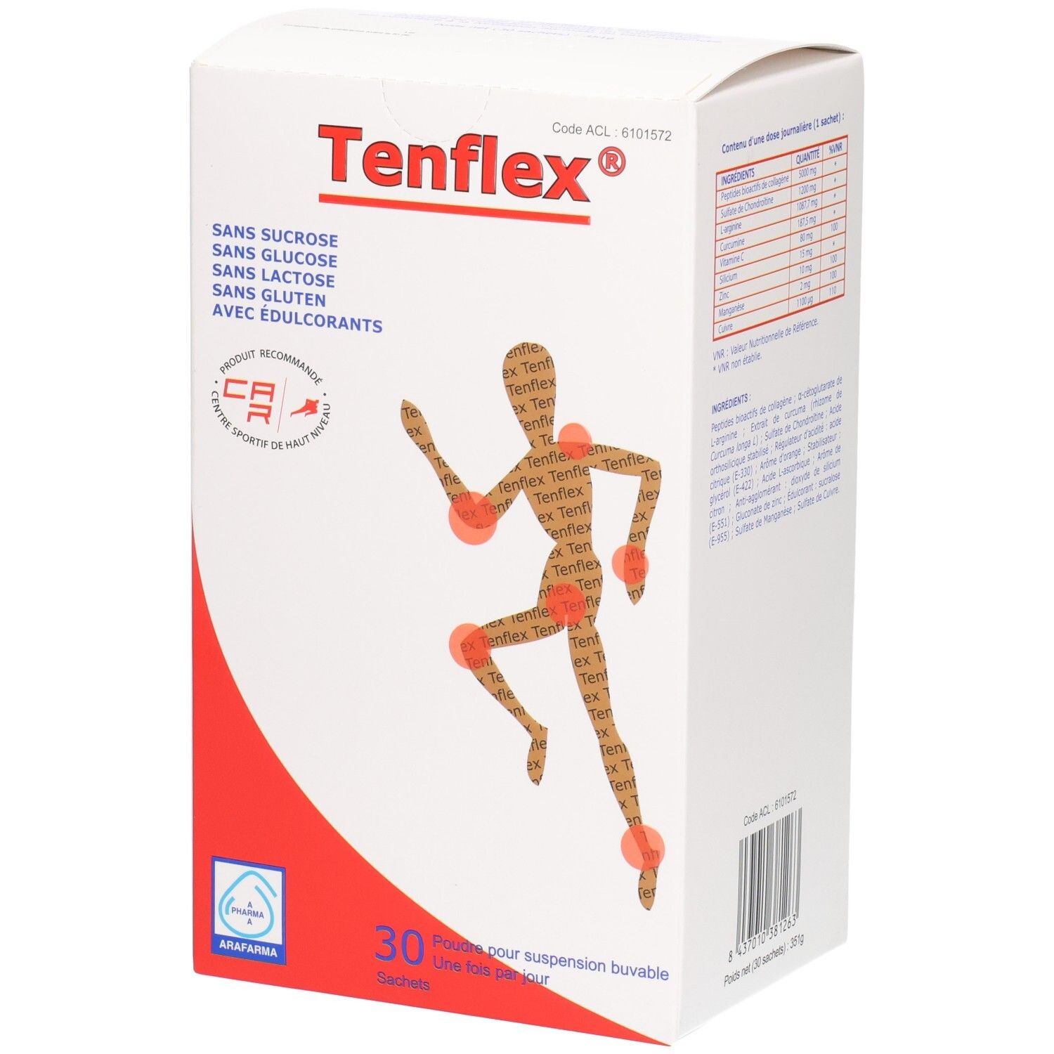 Boîte de Arafarma Tenflex 30 sachets, sans sucre, lactose ni gluten.