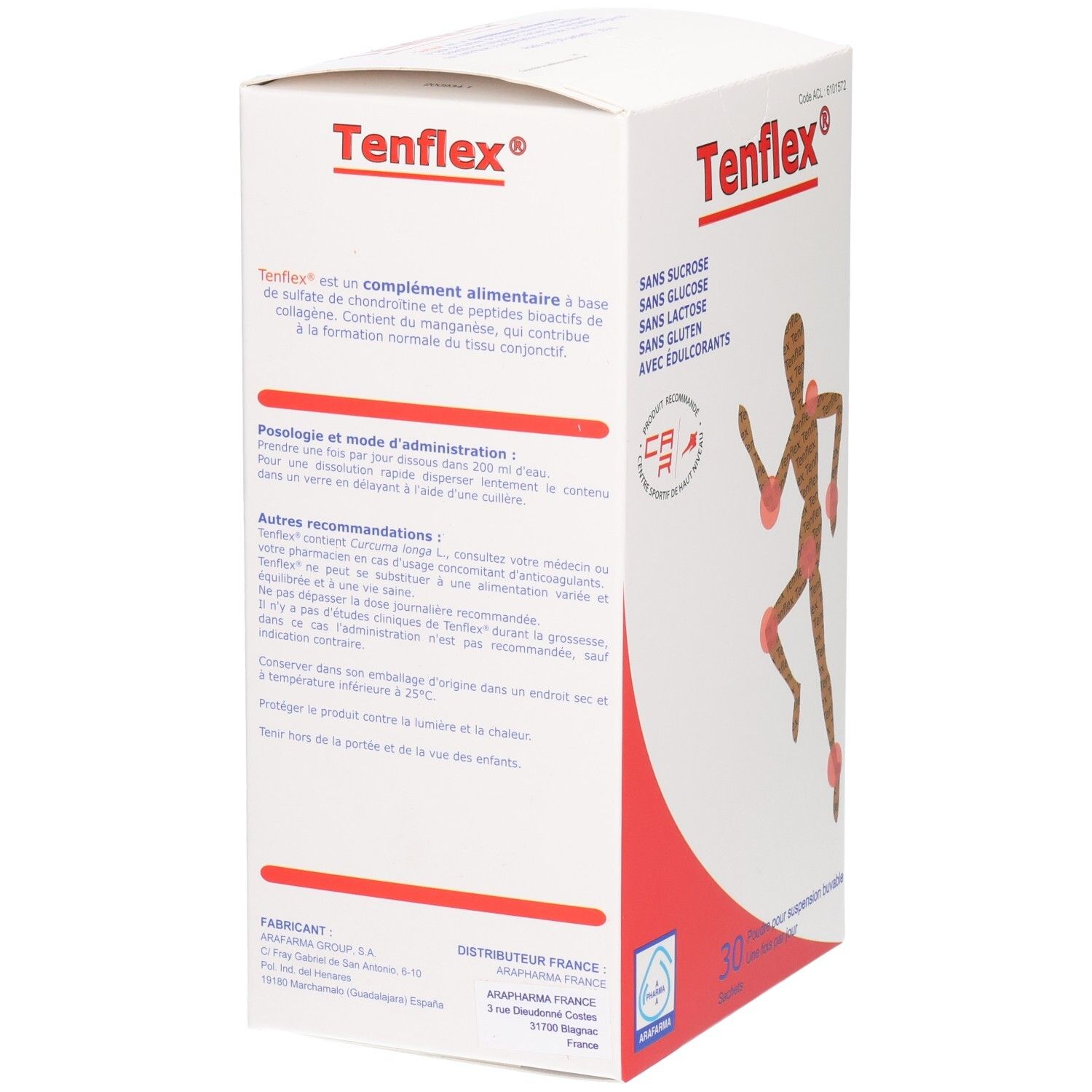 Arrière de la boîte Arafarma Tenflex avec instructions d'utilisation et informations fabricant.