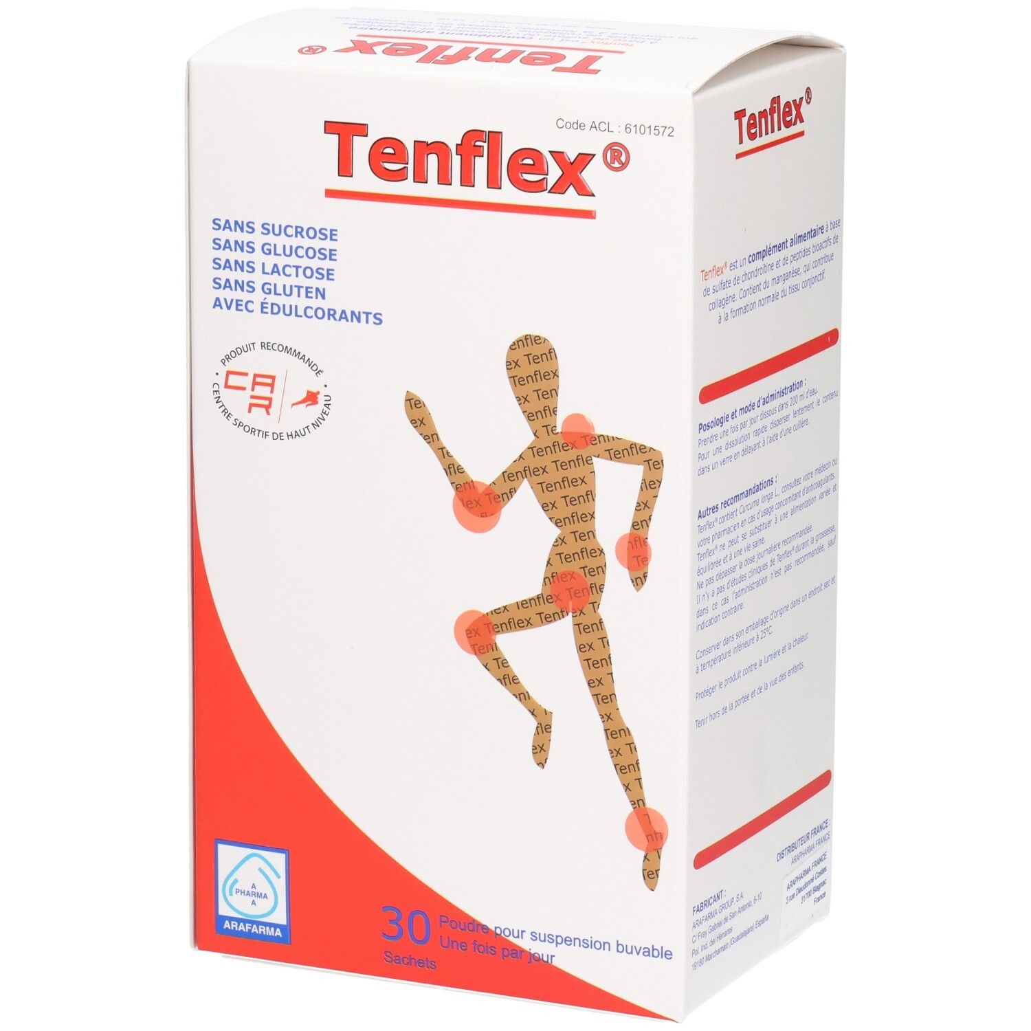 Face avant de la boîte Arafarma Tenflex 30 sachets, sans sucre, lactose ni gluten.