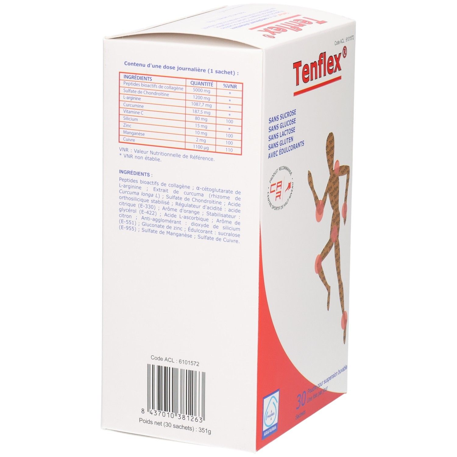 Vue latérale de la boîte Arafarma Tenflex avec liste des ingrédients et valeurs nutritionnelles.