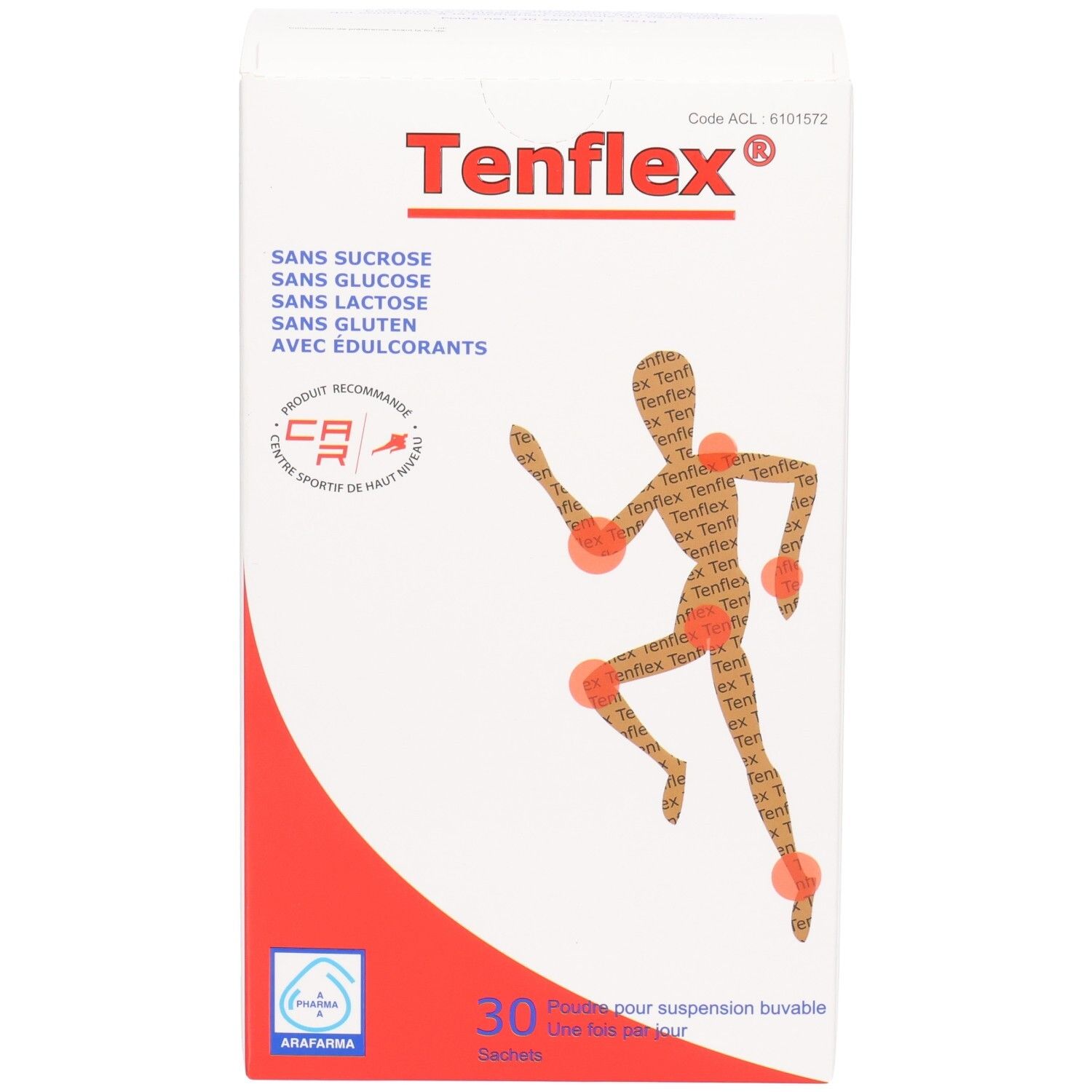 Boîte Arafarma Tenflex 30 sachets, sans sucre, lactose ni gluten, recommandée pour le sport.