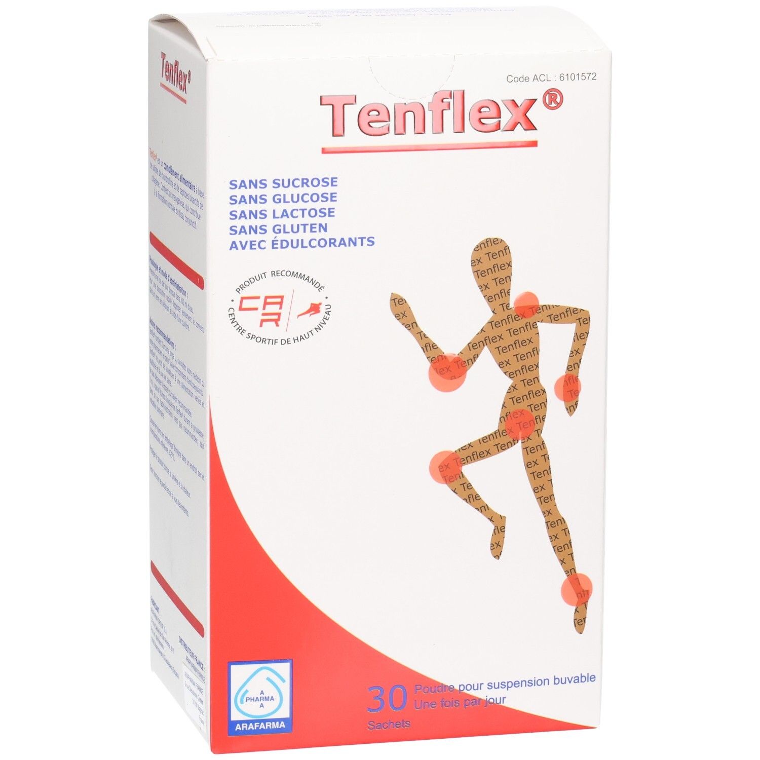 Boîte Arafarma Tenflex 30 sachets, sans sucre, lactose ni gluten, pour le sport.