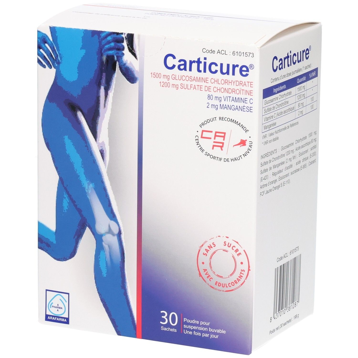 Boîte Carticure de 30 sachets : Glucosamine, Chondroïtine, Vitamine C, Manganèse. Sans sucre.