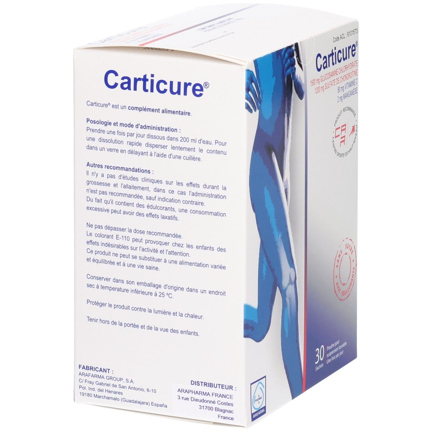 Arrière de la boîte Carticure avec instructions d'utilisation et informations fabricant.