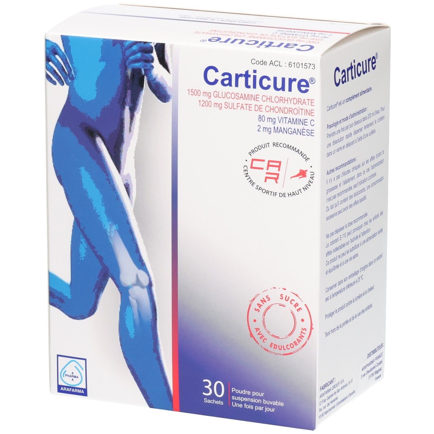 Boîte Carticure de 30 sachets : Glucosamine, Chondroïtine, Vitamine C, Manganèse. Sans sucre.