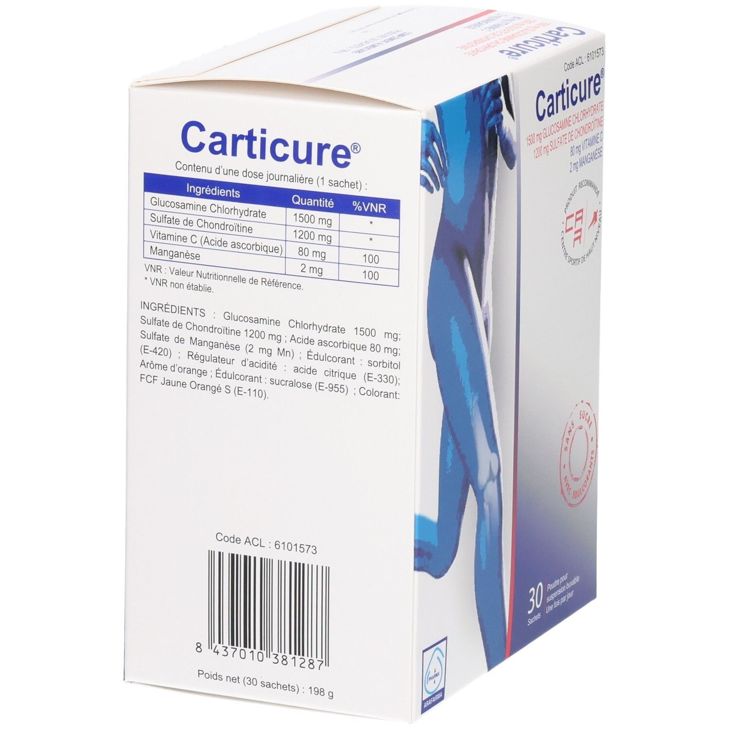 Vue latérale de la boîte Carticure avec liste des ingrédients : Glucosamine, Chondroïtine, Vitamine C, Manganèse.