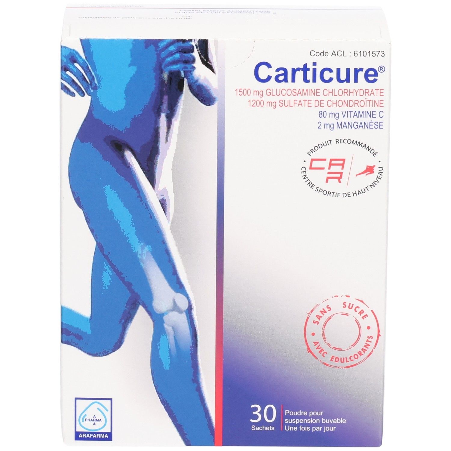Boîte Carticure de 30 sachets : Glucosamine, Chondroïtine, Vitamine C, Manganèse. Sans sucre.