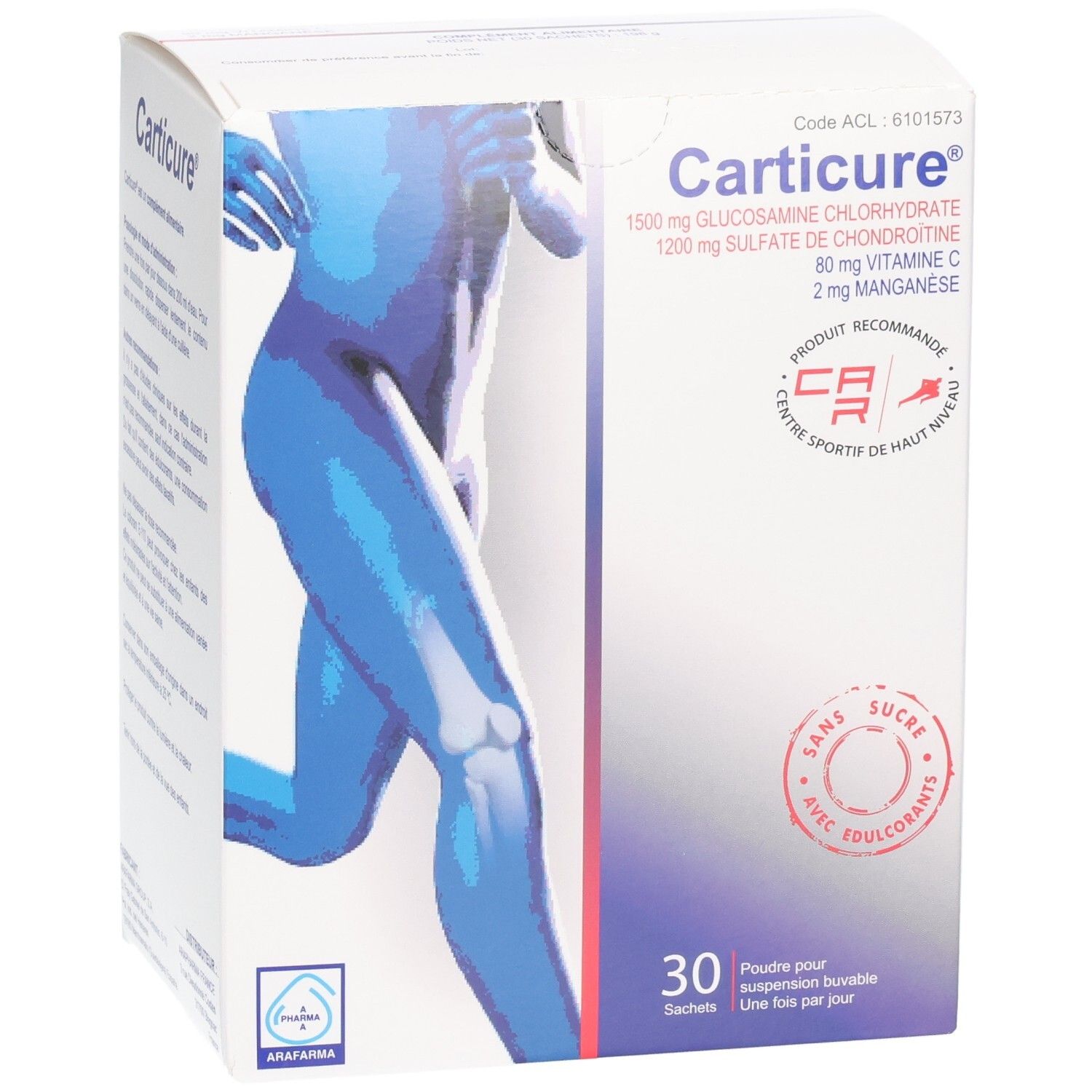 Boîte Carticure de 30 sachets : Glucosamine, Chondroïtine, Vitamine C, Manganèse. Sans sucre.