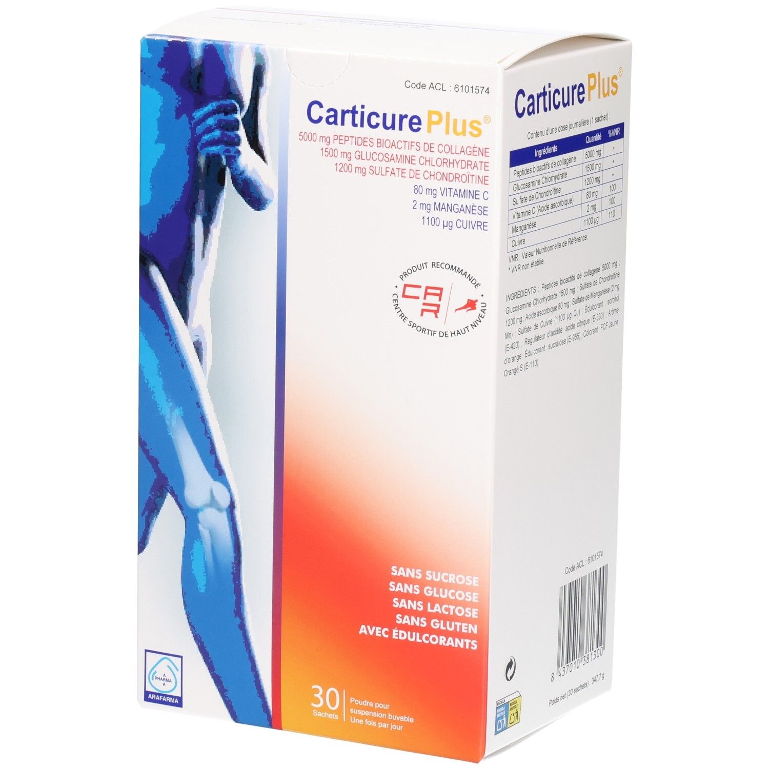 Boîte Carticure Plus avec illustration d'une silhouette humaine bleue en mouvement. Contient 30 sachets.