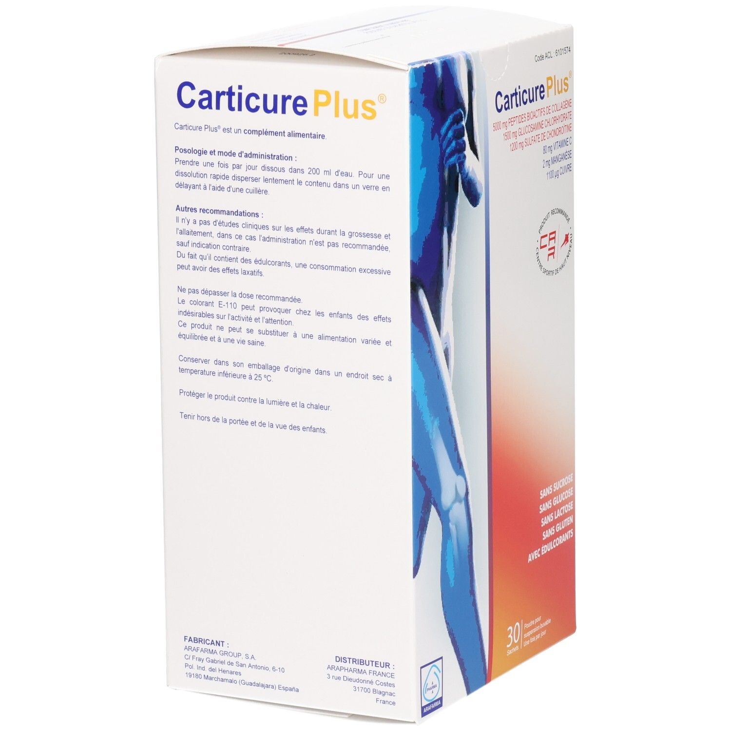 Arrière de la boîte Carticure Plus avec instructions d'utilisation et informations fabricant.