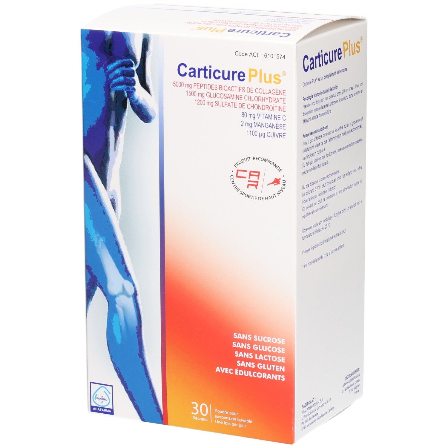 Face avant de la boîte Carticure Plus avec illustration d'une silhouette humaine bleue. Contient 30 sachets.