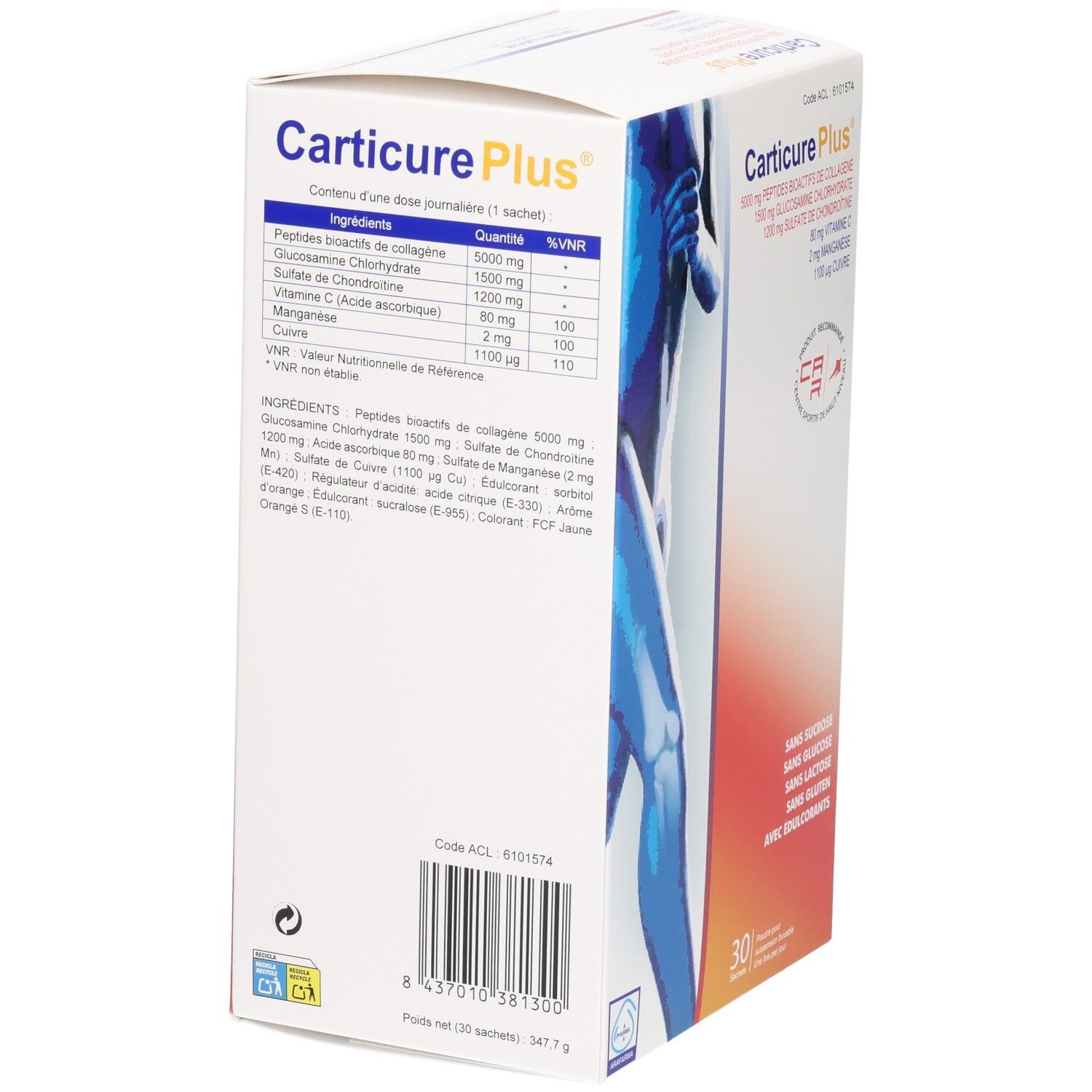 Vue latérale de la boîte Carticure Plus avec liste des ingrédients et valeurs nutritionnelles par sachet.