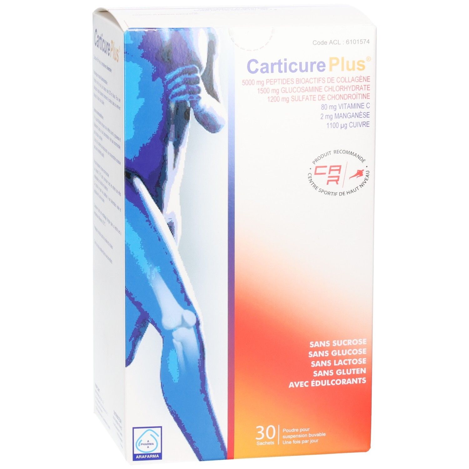 Boîte Carticure Plus avec illustration d'une silhouette humaine bleue. Contient 30 sachets.