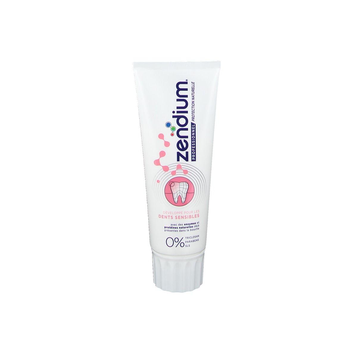 Tube de dentifrice blanc avec éléments roses et bleus. Inscription : Zendium, Professionnel Protection Naturelle, Dents Sensibles, 0%.