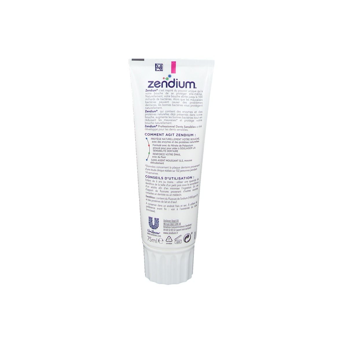 Dos du tube de dentifrice. Texte multilingue. Logo Unilever. Volume : 75 ml.