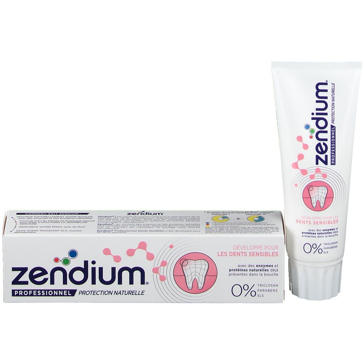 Tube de dentifrice et boîte. Inscription : Zendium, Professionnel Protection Naturelle, Dents Sensibles, 0%.
