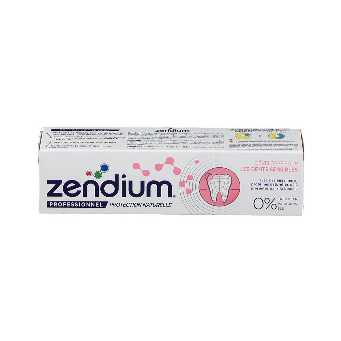 Boîte de dentifrice blanche avec éléments roses et bleus. Inscription : Zendium, Professionnel Protection Naturelle, Dents Sensibles, 0%.