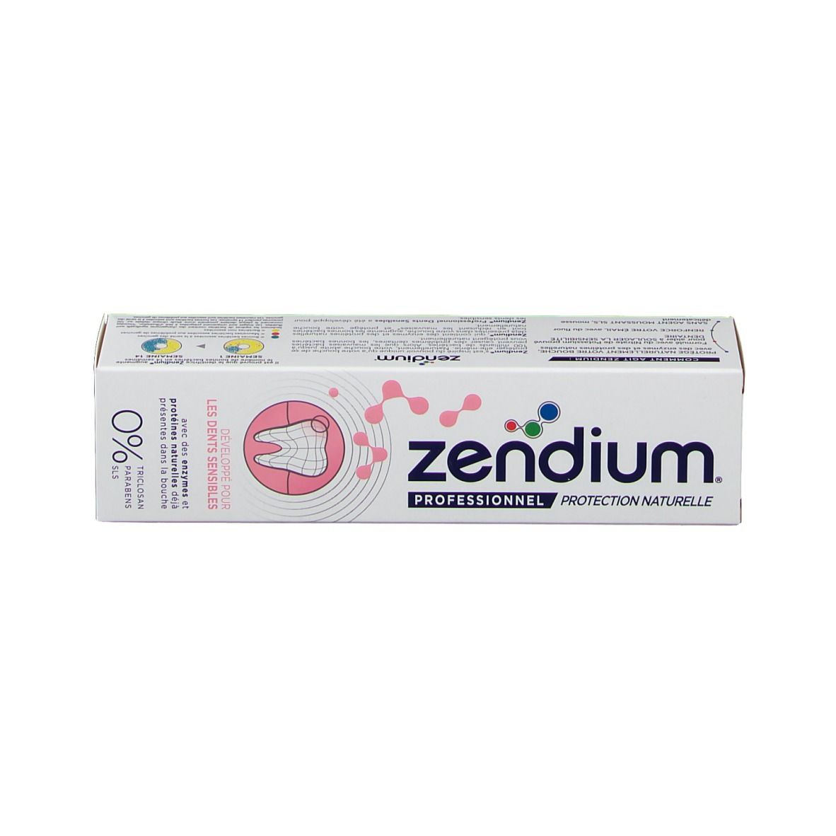 Boîte de dentifrice blanche avec éléments roses et bleus. Inscription : Zendium, Professionnel Protection Naturelle, Dents Sensibles, 0%.