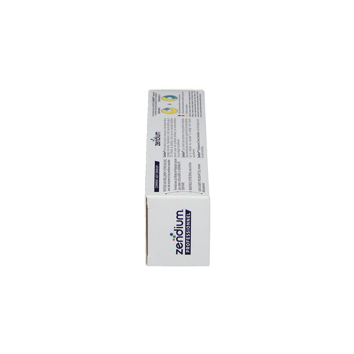 Boîte de dentifrice, vue latérale. Inscription : Zendium, Professionnel Protection Naturelle.
