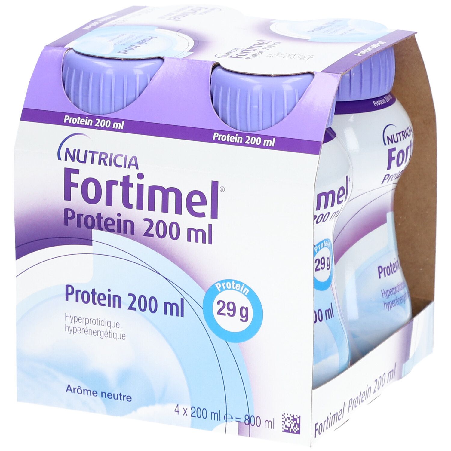 Emballage de quatre bouteilles Nutricia Fortimel Protein 200 ml. Bouteilles avec bouchons violets. Inscription : Protéines 29g.