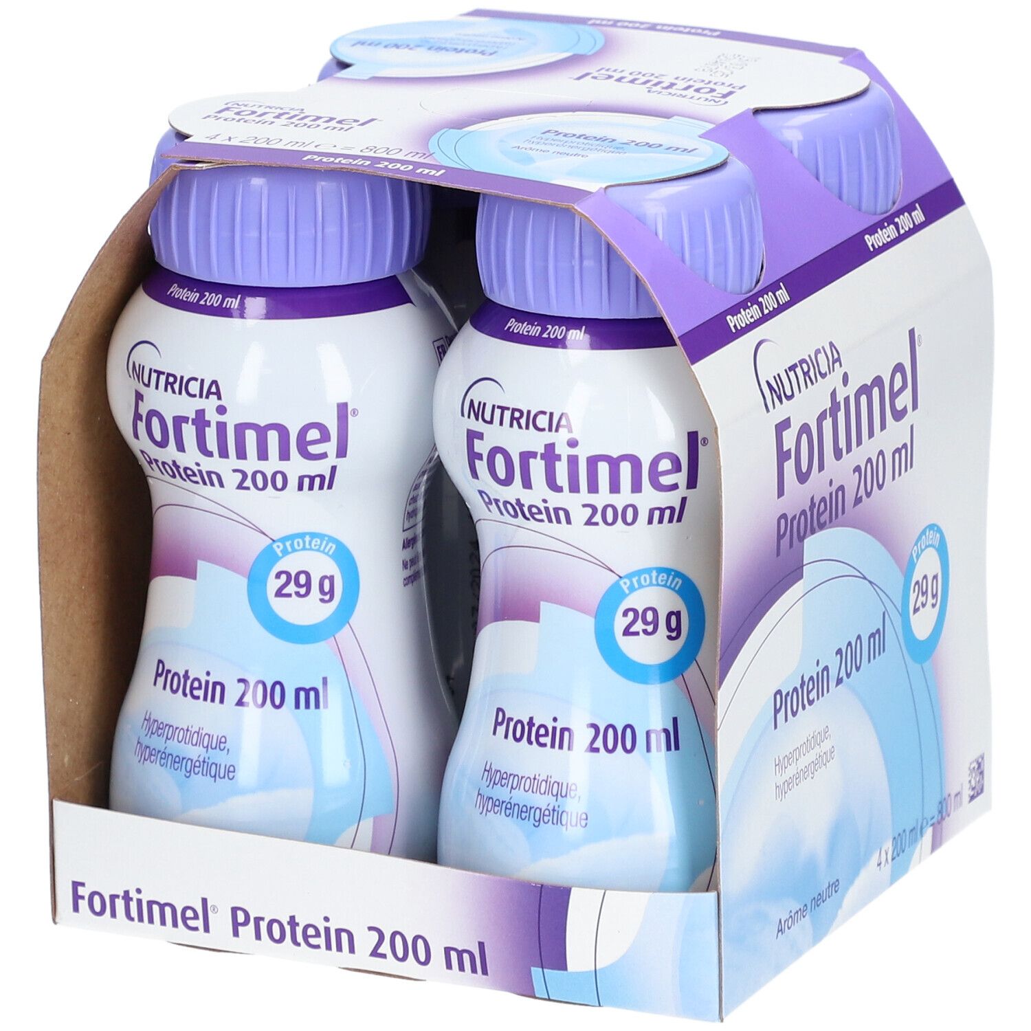 Emballage de quatre bouteilles Nutricia Fortimel Protein 200 ml. Bouteilles avec bouchons violets. Inscription : Protéines 29g.