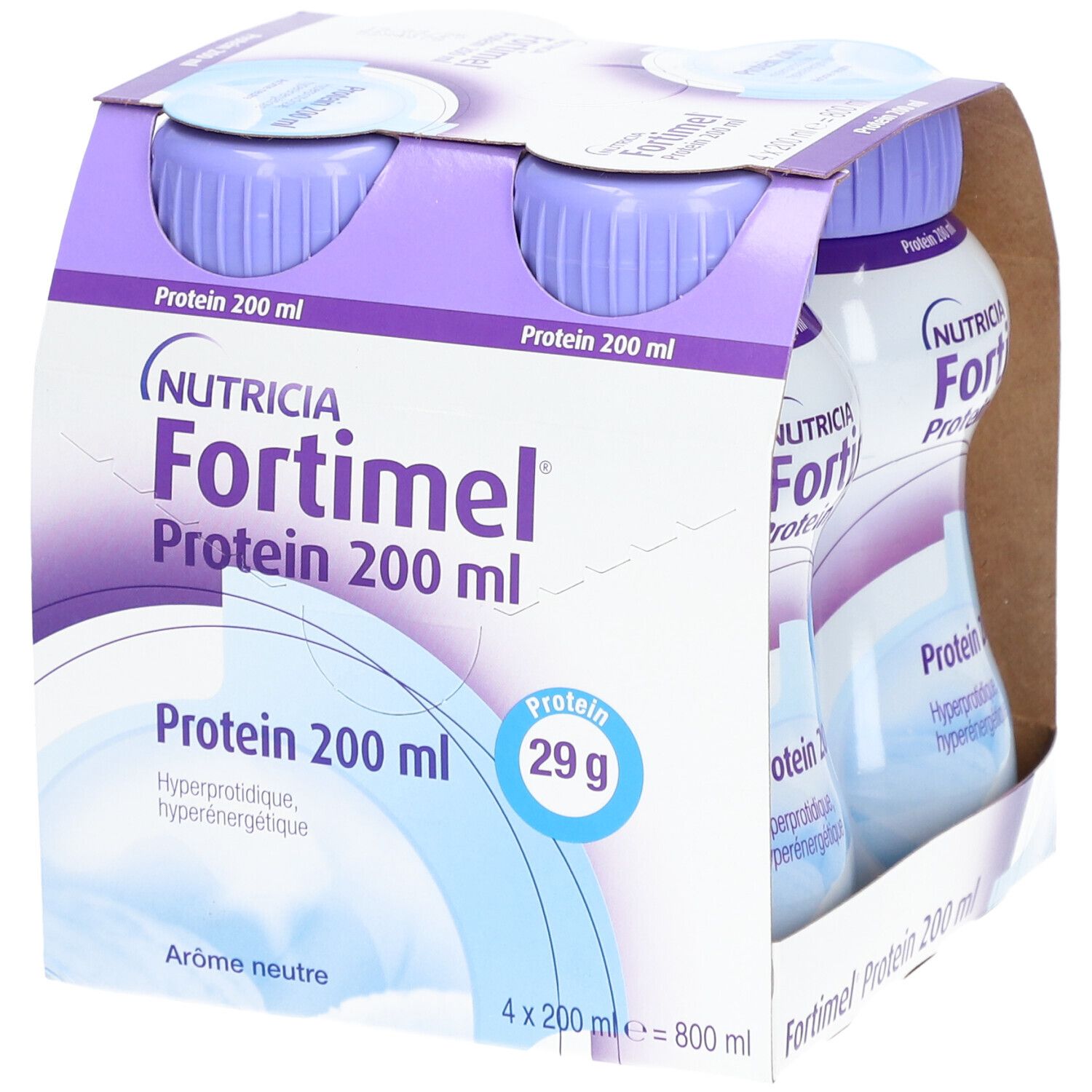 Emballage de quatre bouteilles Nutricia Fortimel Protein 200 ml. Bouteilles avec bouchons violets. Inscription : Protéines 29g.
