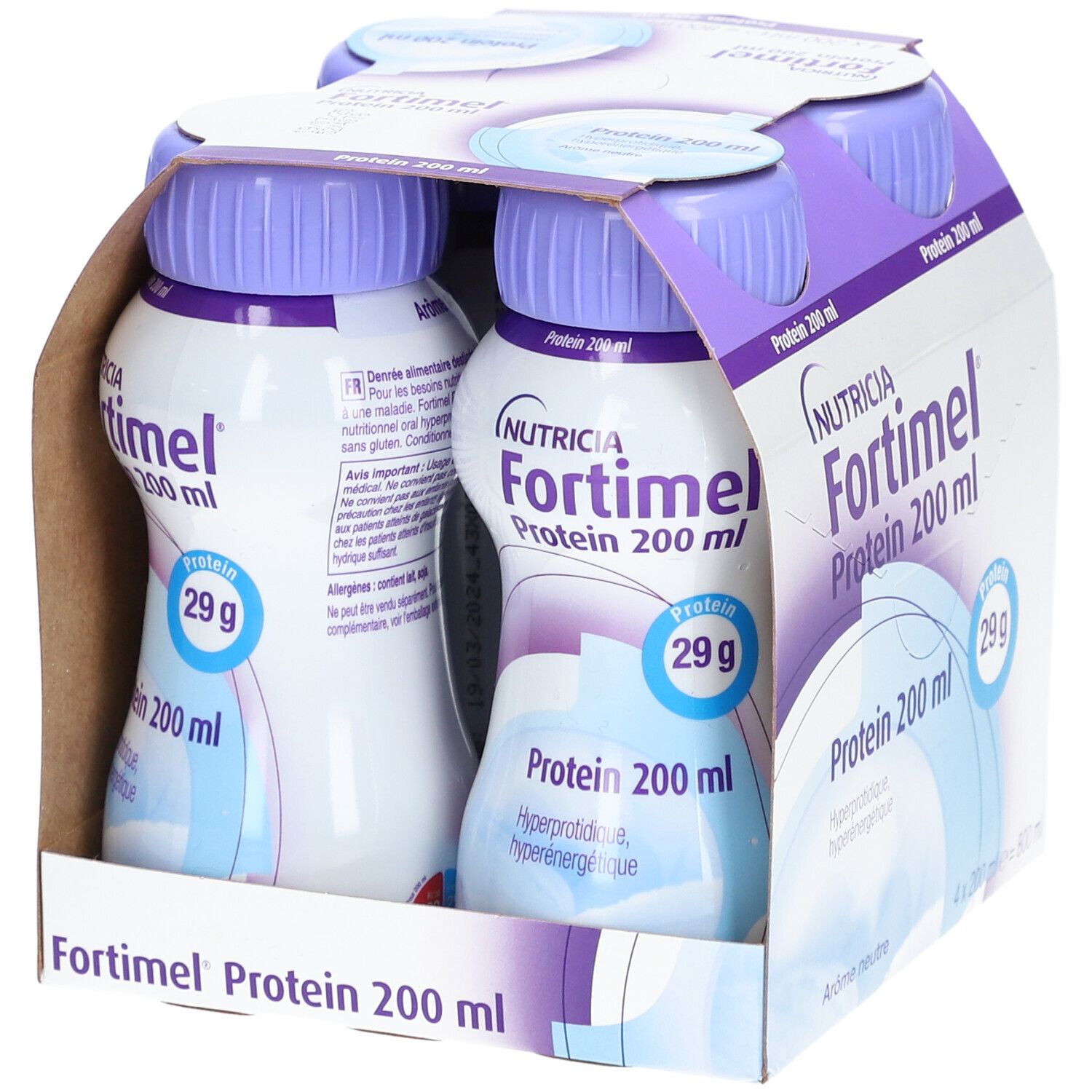 Emballage de quatre bouteilles Nutricia Fortimel Protein 200 ml. Bouteilles avec bouchons violets. Inscription : Protéines 29g.