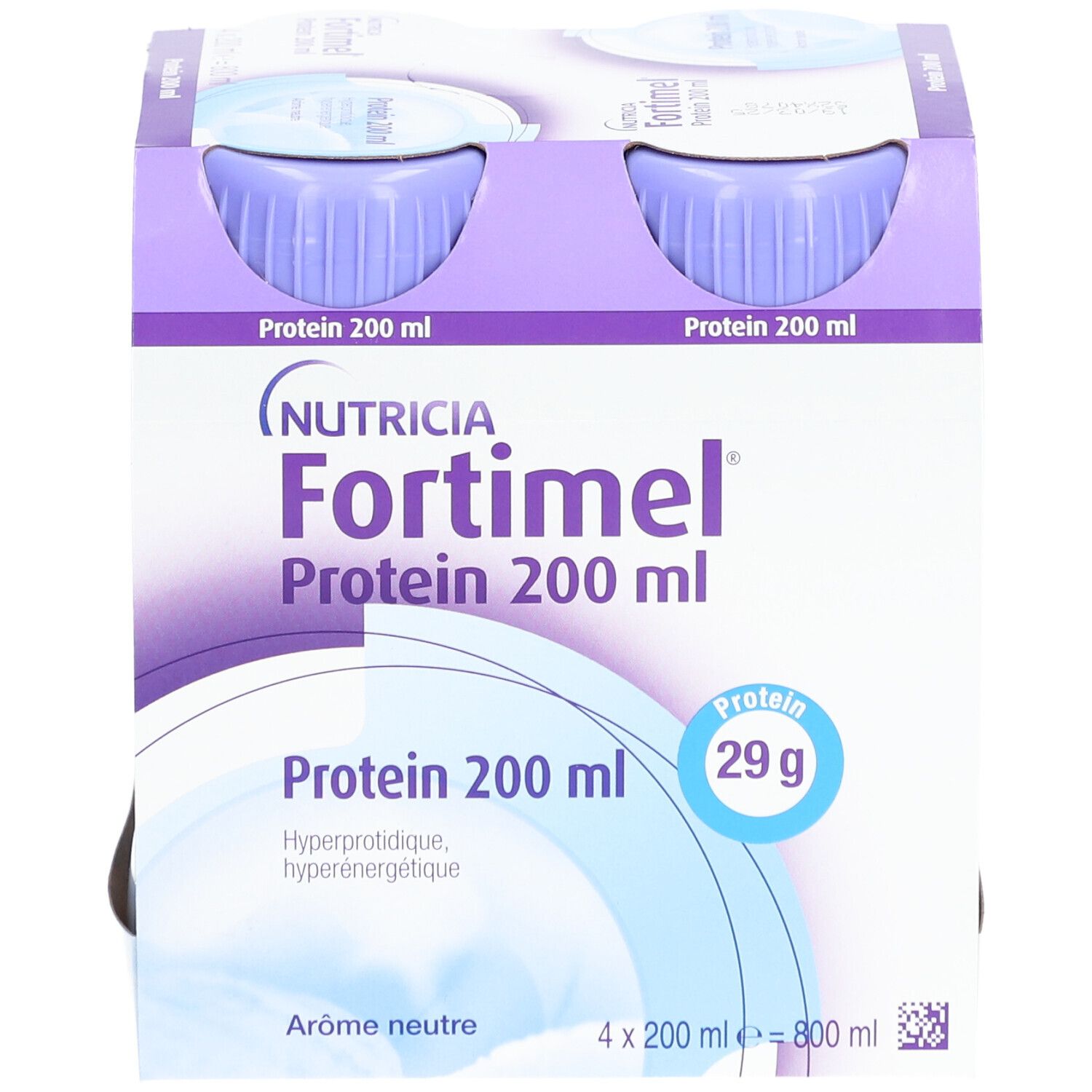 Emballage de quatre bouteilles Nutricia Fortimel Protein 200 ml. Inscription : Protéines 29g, hyperprotéique, hyperénergétique. Bouchons violets.