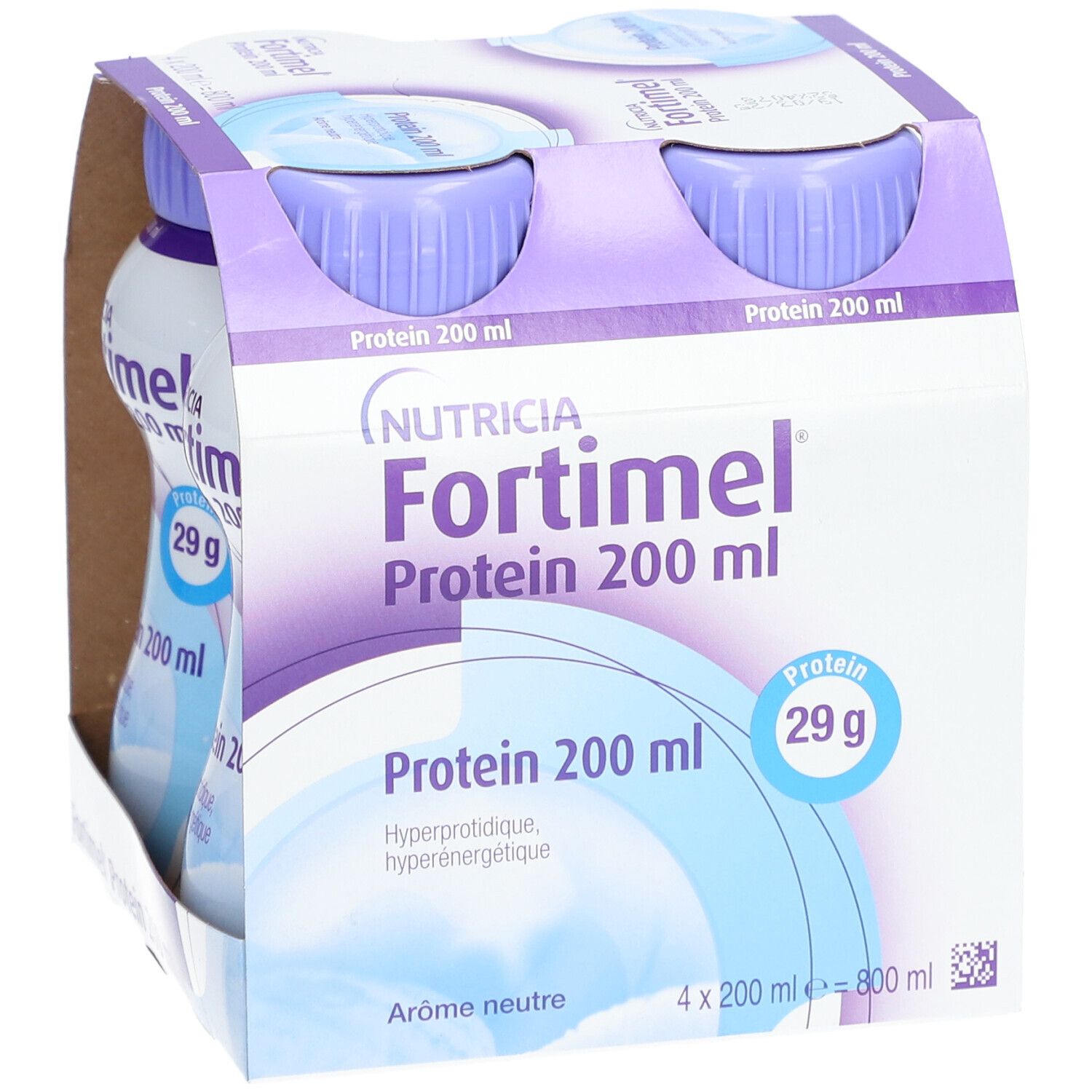 Emballage de quatre bouteilles Nutricia Fortimel Protein 200 ml. Inscription : Protéines 29g, hyperprotéique, hyperénergétique. Bouchons violets.